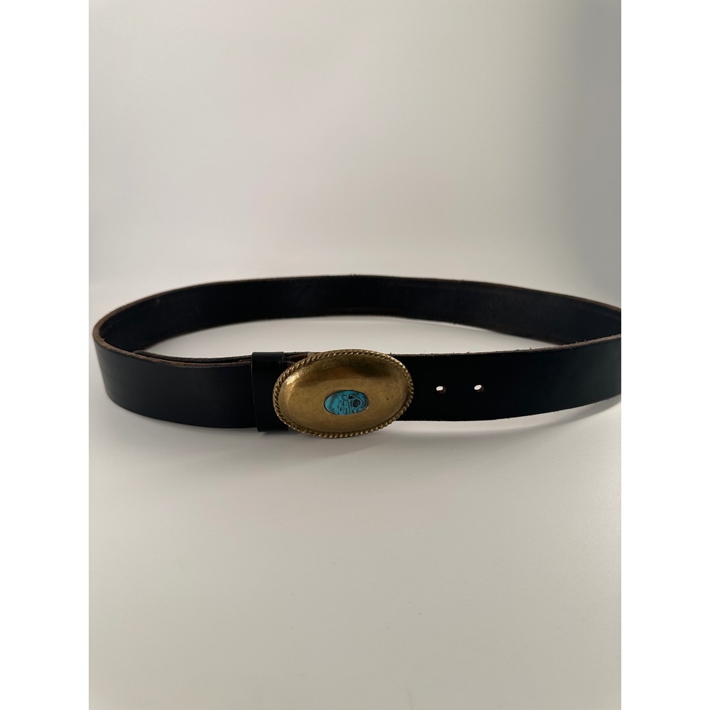 Bai Sergio Italian Leather Belt Black Brass Turquoise Western Buckle Tuscany 36